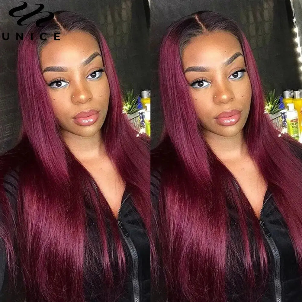 UNICE Hair Ombre Burgundy Straight Human Hair Bundles 3/4 PCS Deal Pre Colored 1B/99J Hair Bundles With Dark Root 8-30 Inch