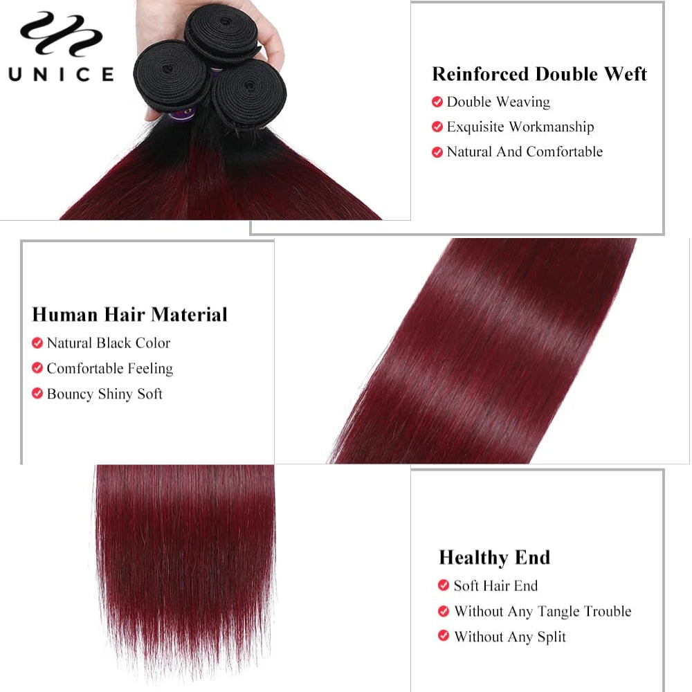 UNICE Hair Ombre Burgundy Straight Human Hair Bundles 3/4 PCS Deal Pre Colored 1B/99J Hair Bundles With Dark Root 8-30 Inch