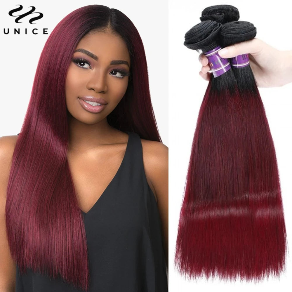 UNICE Hair Ombre Burgundy Straight Human Hair Bundles 3/4 PCS Deal Pre Colored 1B/99J Hair Bundles With Dark Root 8-30 Inch