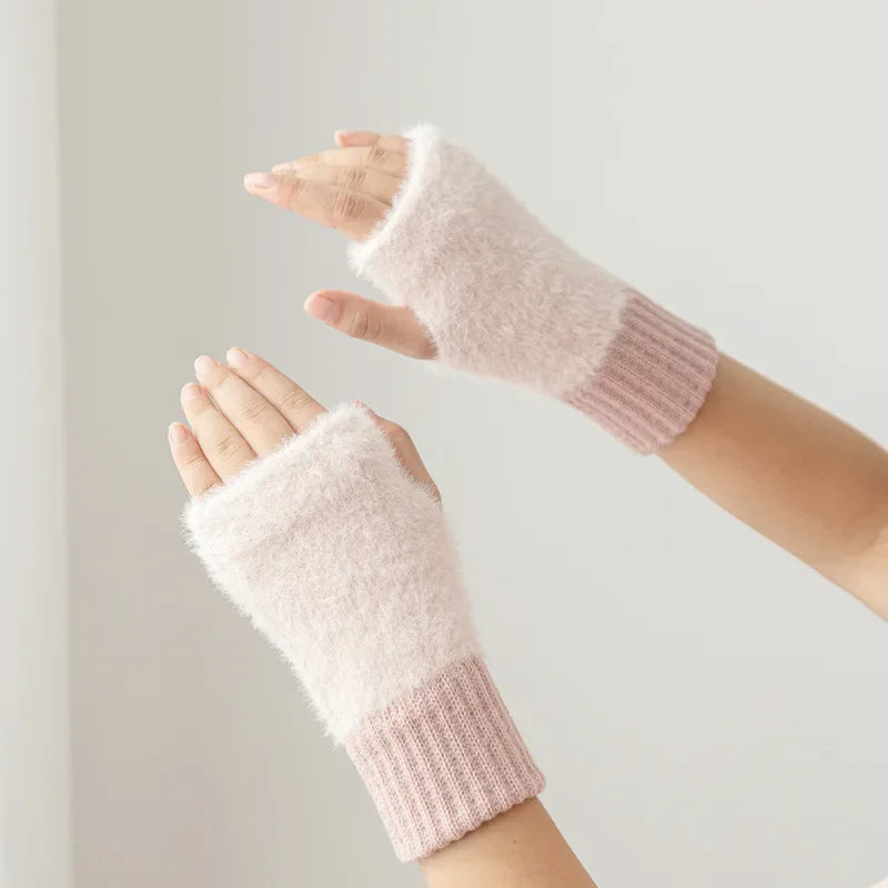 Mink Fleece Soft Winter Half Finger Gloves Women