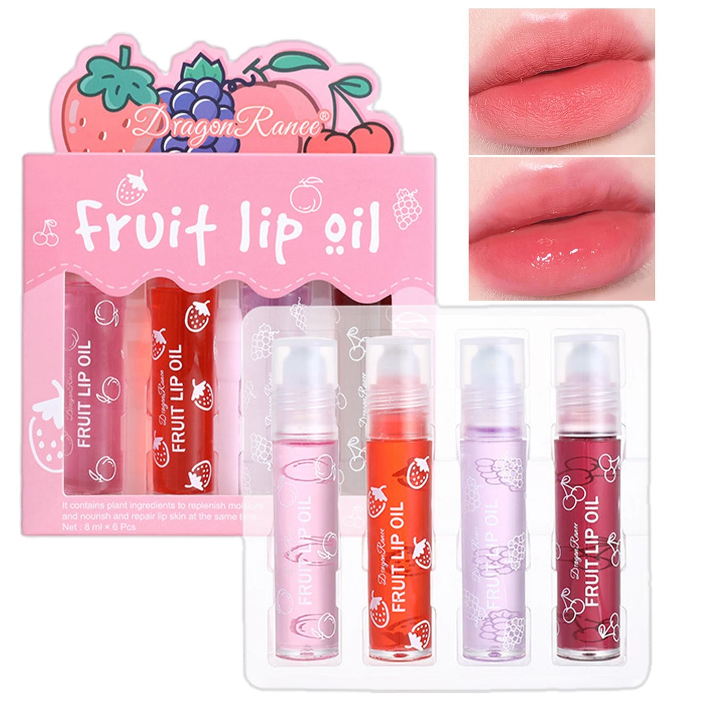 4pcs Fruity Flavors Rolling Ball Lip Oil Set