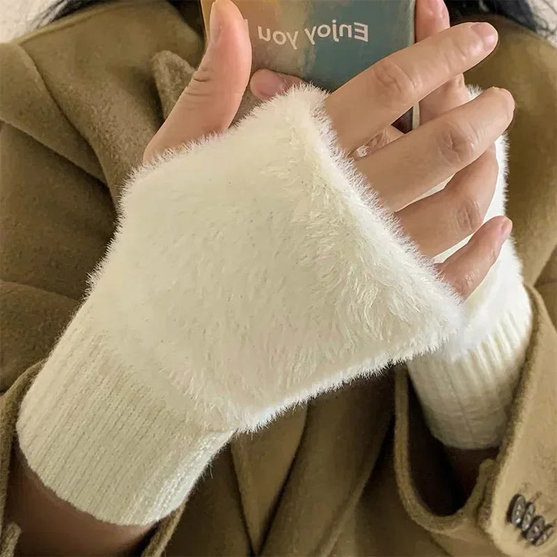 Mink Fleece Soft Winter Half Finger Gloves Women