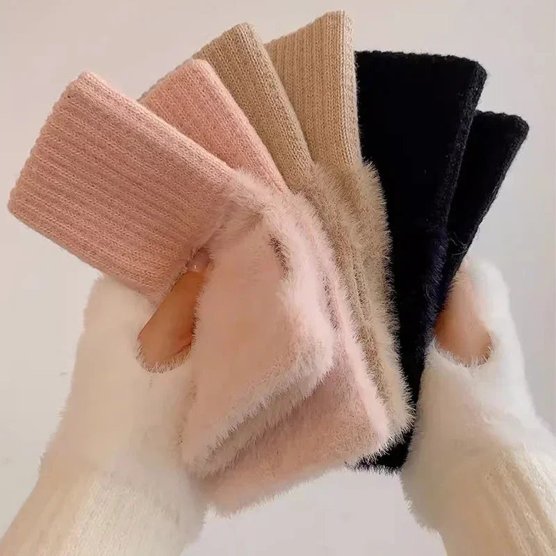 Mink Fleece Soft Winter Half Finger Gloves Women