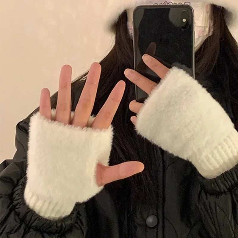 Mink Fleece Soft Winter Half Finger Gloves Women