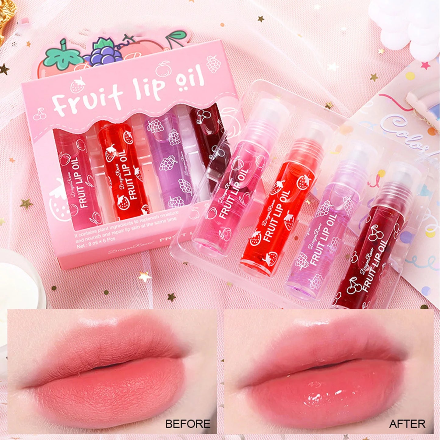 4pcs Fruity Flavors Rolling Ball Lip Oil Set